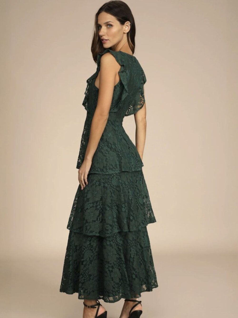Lulus Molinetto Forest Green Lace Ruffled Tiered Sleeveless Maxi Dress NWT - Picture 4 of 10